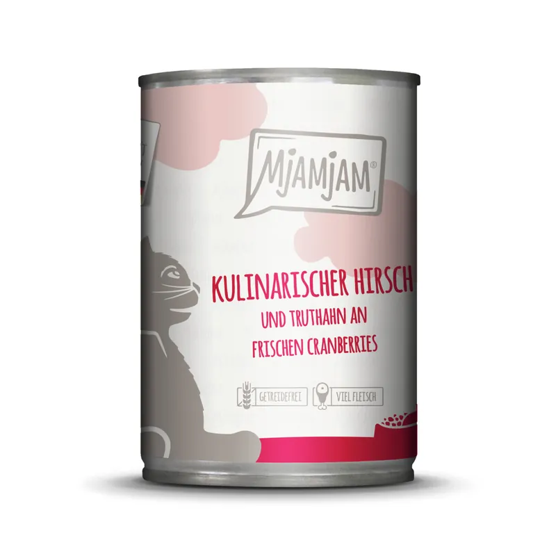Neue Ware MJAMJAM Leckere Mahlzeit kulinarischer Hirsch und Truthahn an frischen Cranberries 400g Dose Katzennassfutter